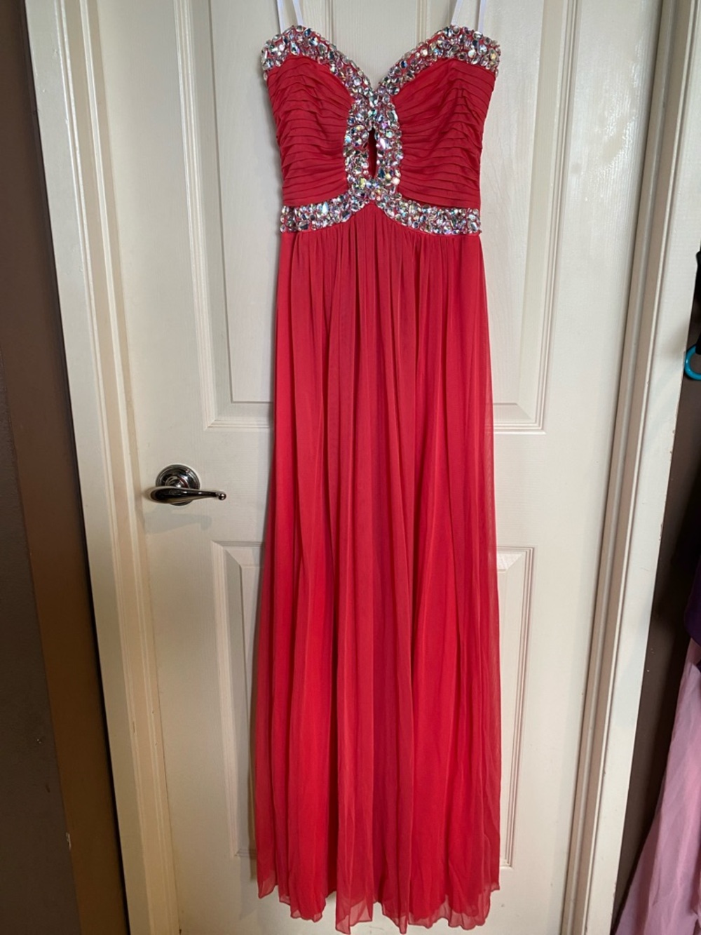 Windsor bright Coral Red Strapless Beaded Prom Dress